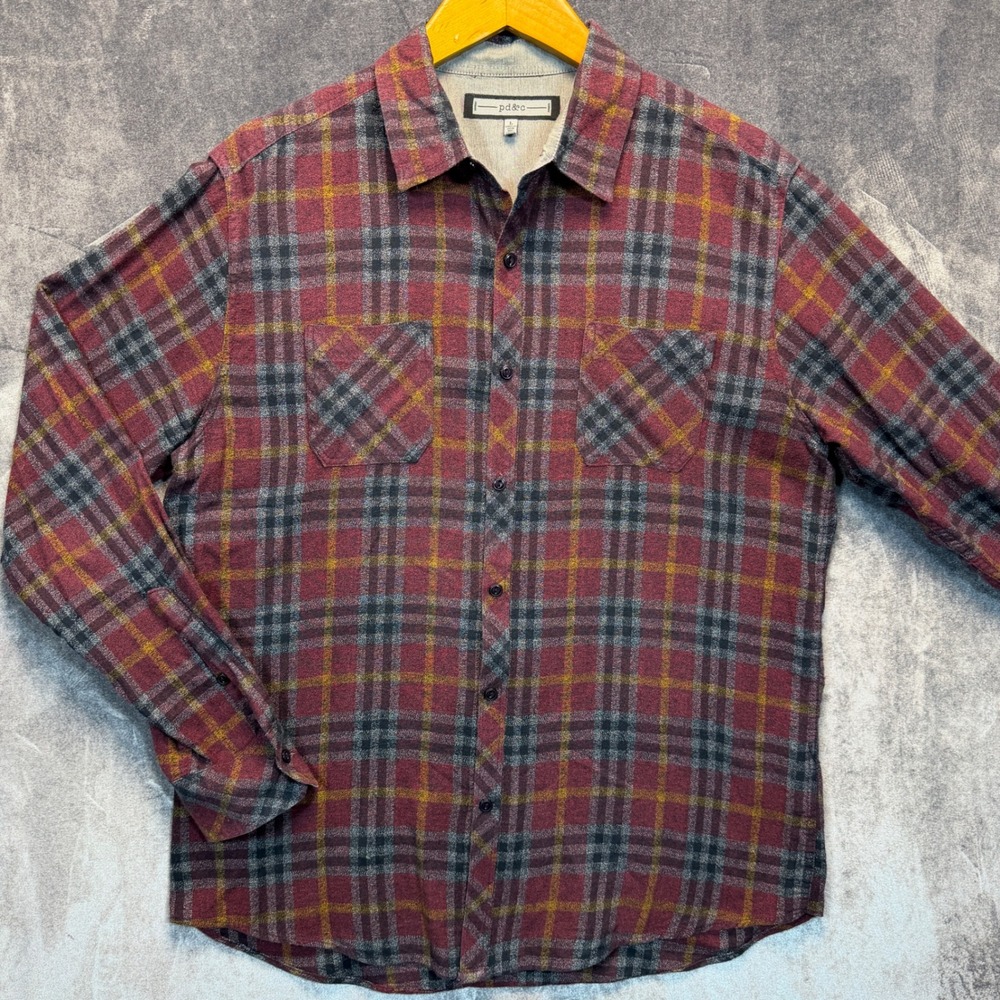 PD&C Flannel Shirt Mens Red Regular L Plaid Long Sleeve Button Down Fall